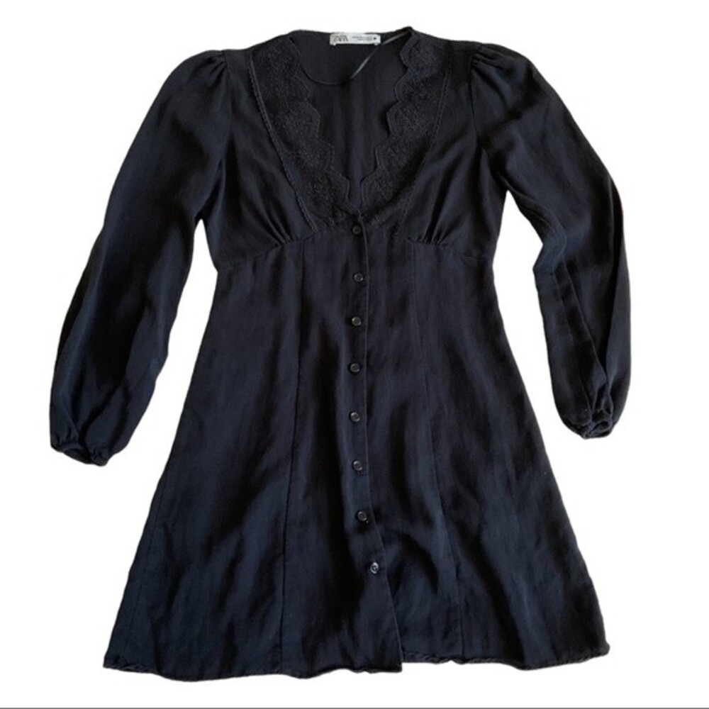 ZARA Black Combination Long Sleeve Lace TrimMini Dress XS Button Front V Neck